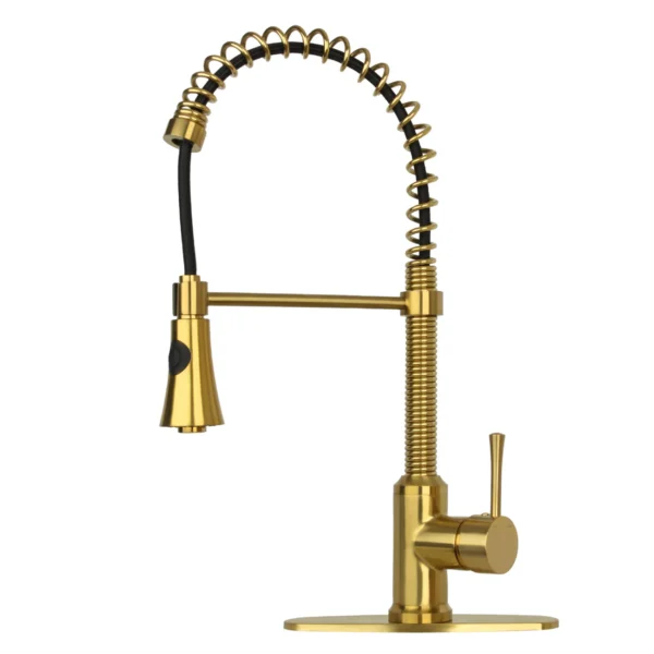 Brushed Gold Pre-Rinse Spring Kitchen Faucet, Single Level Solid Brass Kitchen Sink Faucets with Pull Down Sprayer - PDF52