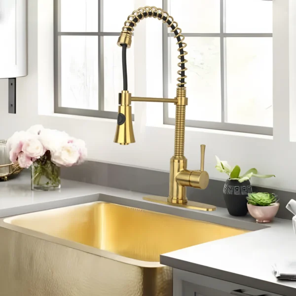 Brushed Gold Pre-Rinse Spring Kitchen Faucet, Single Level Solid Brass Kitchen Sink Faucets with Pull Down Sprayer - PDF52 - Image 2