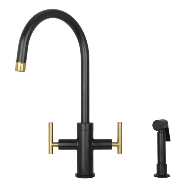 Two-Handle Matte Black & Brushed Gold Widespread Kitchen Faucet with Side Sprayer-IK96766-BLBG