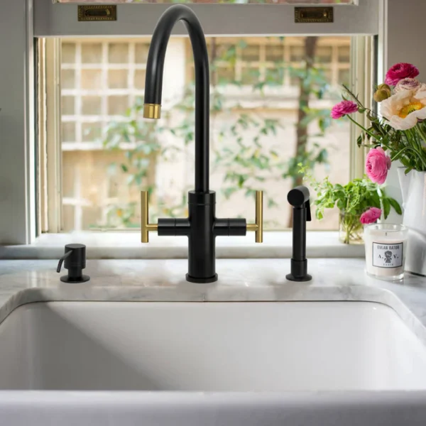 Two-Handle Matte Black & Brushed Gold Widespread Kitchen Faucet with Side Sprayer-IK96766-BLBG - Image 2