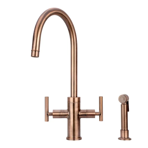 Two-Handle Antique Copper Widespread Kitchen Faucet with Side Sprayer-IK96766