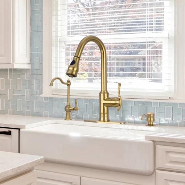 Brushed Gold Pull Out Kitchen Faucet, Single Level Solid Brass Kitchen Sink Faucets with Pull Down Sprayer - PDF47 - Image 2