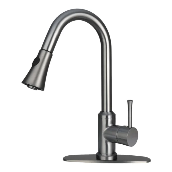 Gun Black Pull Out Kitchen Faucet with Deck Plate, Single Level Solid Brass Kitchen Sink Faucets with Pull Down Sprayer-PDF43