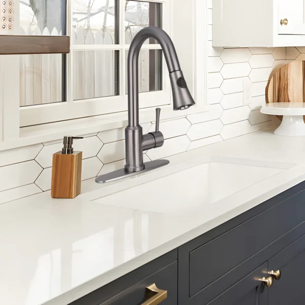 Gun Black Pull Out Kitchen Faucet with Deck Plate, Single Level Solid Brass Kitchen Sink Faucets with Pull Down Sprayer-PDF43 - Image 2