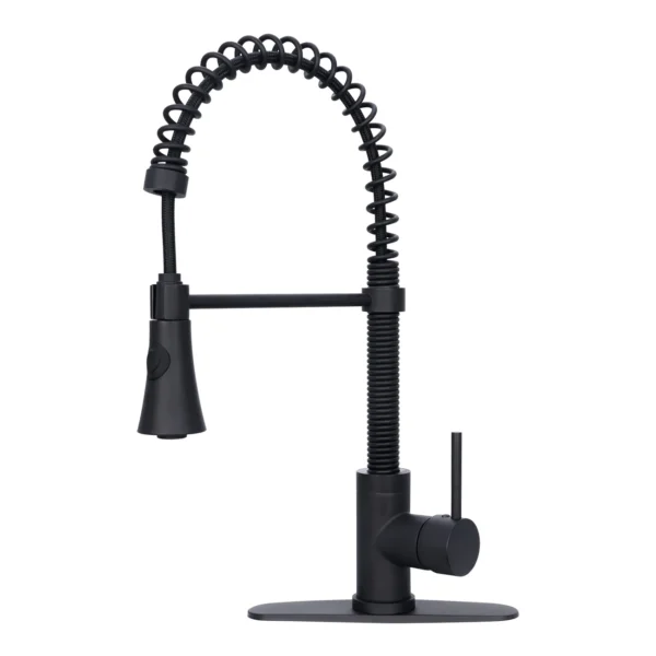 Matte Black Pre-Rinse Spring Kitchen Faucet, Single Level Solid Brass Kitchen Sink Faucets with Pull Down Sprayer - PDF37