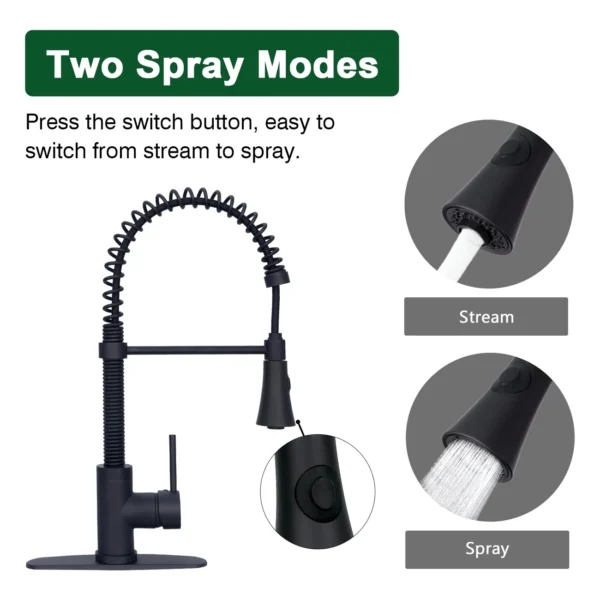 Matte Black Pre-Rinse Spring Kitchen Faucet, Single Level Solid Brass Kitchen Sink Faucets with Pull Down Sprayer - PDF37 - Image 2