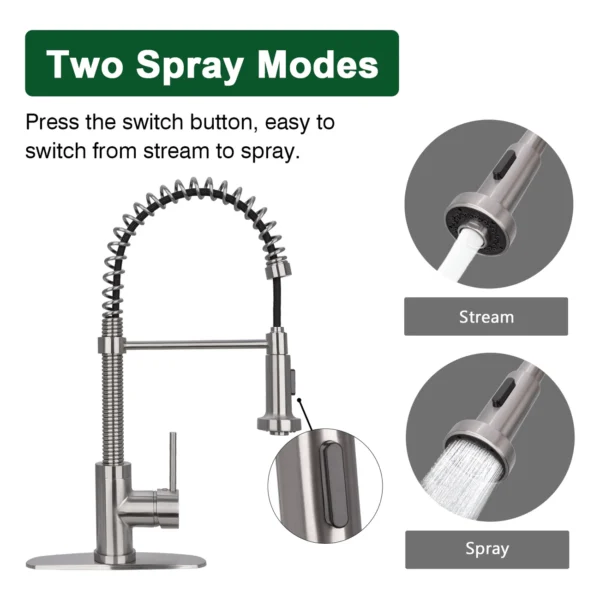 Brushed Nickel Pre-Rinse Spring Kitchen Faucet, Single Level Solid Brass Kitchen Sink Faucets with Pull Down Sprayer - PDF56 - Image 2