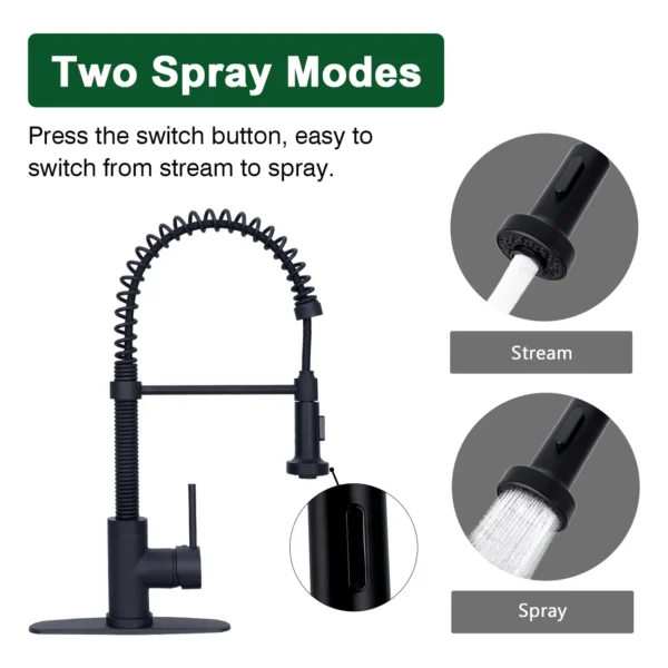 Matte Black Pre-Rinse Spring Kitchen Faucet, Single Level Solid Brass Kitchen Sink Faucets with Pull Down Sprayer - PDF36 - Image 2