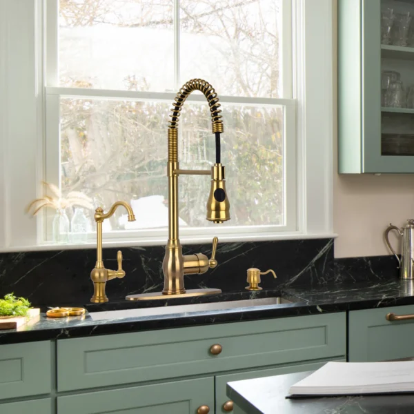 One-Handle Pre-Rinse Spring Brushed Gold Kitchen Faucet - PDF51 - Image 2