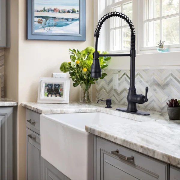 Oil Rubbed Bronze Pre-Rinse Spring Kitchen Faucet, Single Level Solid Brass Kitchen Sink Faucets with Pull Down Sprayer -PDF41 - Image 2