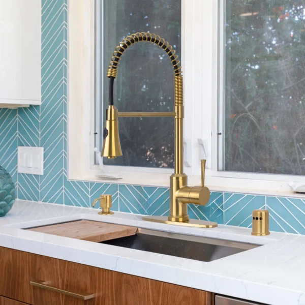 One-Handle Pre-Rinse Spring Brushed Gold Kitchen Faucet - PDF50 - Image 2