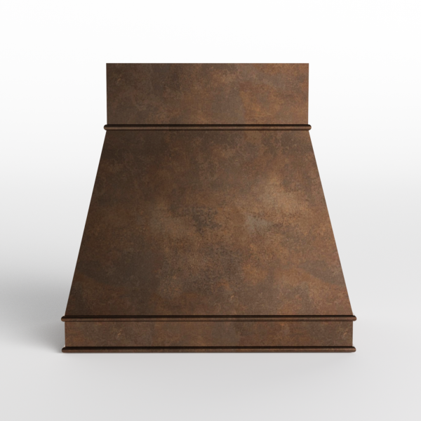 Rustic - style range hood with a rich, brown finish.