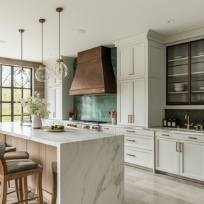 Custom handcrafted copper range hood in a modern farmhouse kitchen with white cabinetry and marble countertops.