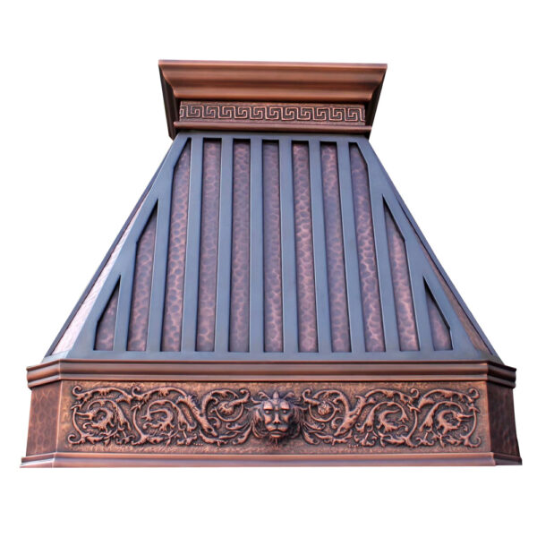 Ornate Range Hood with Intricate Carvings and Striped Design
