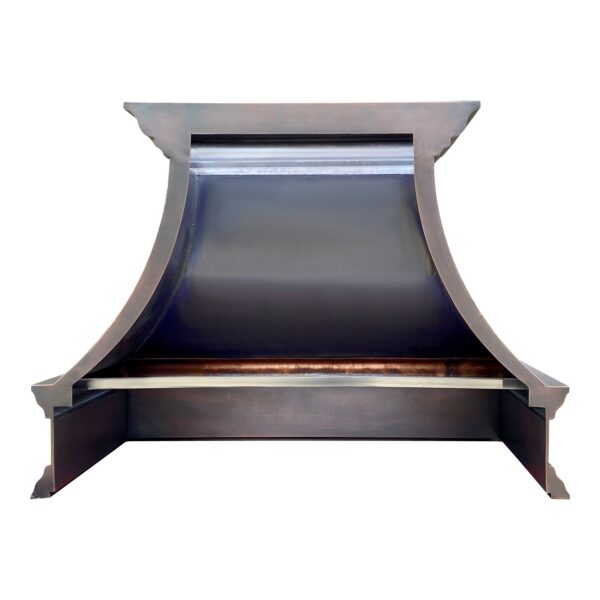 Modern curved - design range hood with a metallic finish