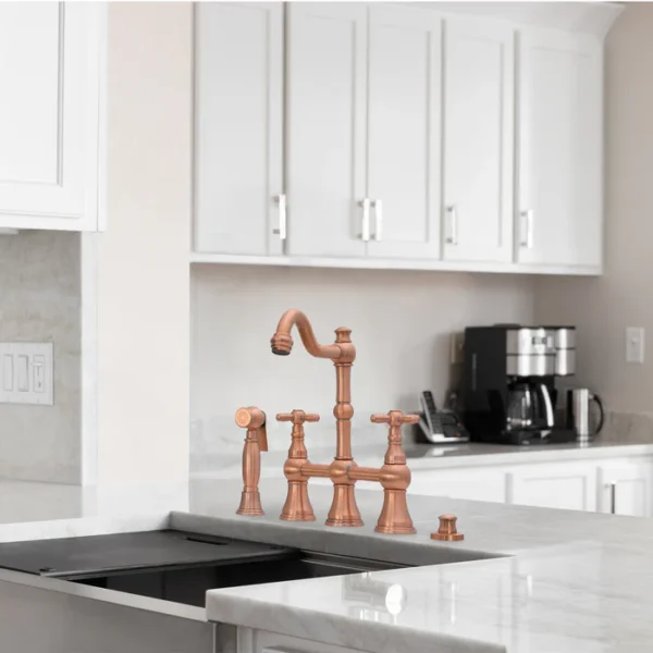 Bridge Kitchen Faucets - Solid Brass Kitchen Faucet with Side Sprayer- 2 Cross Handles Kitchen Sink Faucet, Copper, IK96718N1 - Image 2