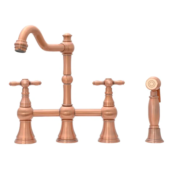 Bridge Kitchen Faucets - Solid Brass Kitchen Faucet with Side Sprayer- 2 Cross Handles Kitchen Sink Faucet, Copper, IK96718N1