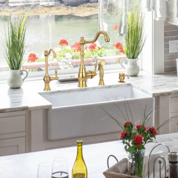One-Handle Brushed Gold Widespread Kitchen Faucet with Side Sprayer - IK96918-BTG - Image 2