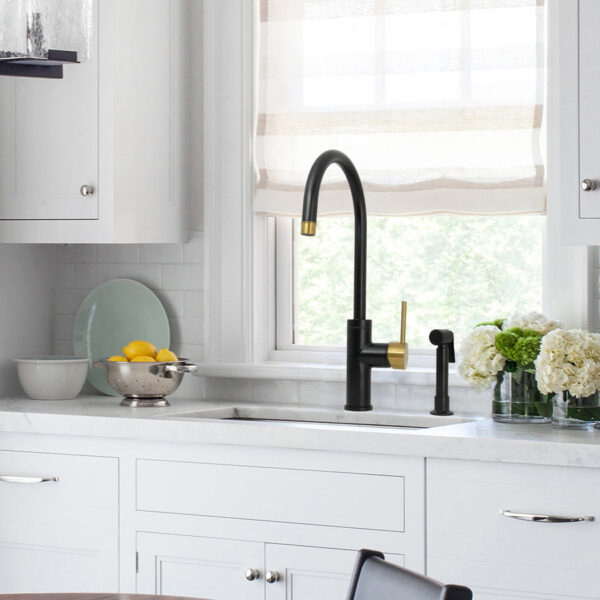 One-Handle Matte Black & Brushed Gold Widespread Kitchen Faucet with Side Sprayer-IK96966-BLBG - Image 2