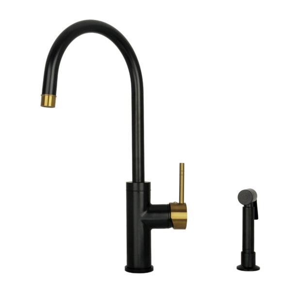 One-Handle Matte Black & Brushed Gold Widespread Kitchen Faucet with Side Sprayer-IK96966-BLBG