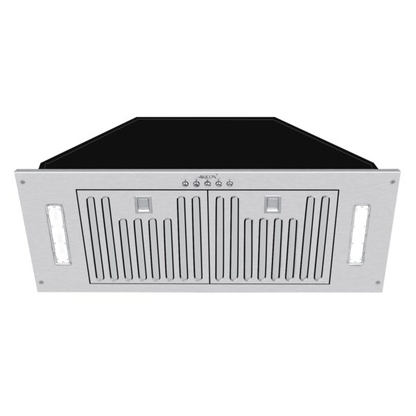 Stainless - steel range hood with black top and ventilation slats