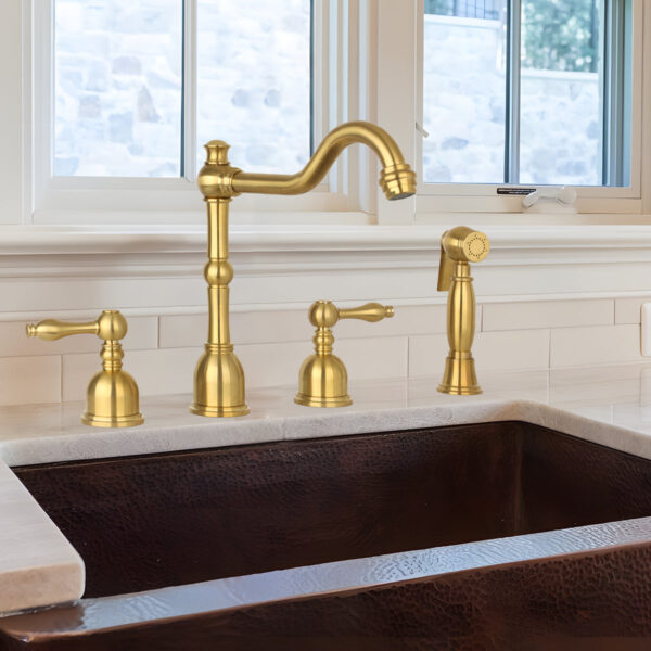 Two-Handles Brushed Gold Widespread Kitchen Faucet with Side Sprayer - IK96818BTG - Image 2