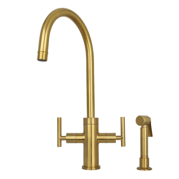 Two-Handle Brushed Gold Widespread Kitchen Faucet with Side Sprayer-IK96766-BTG