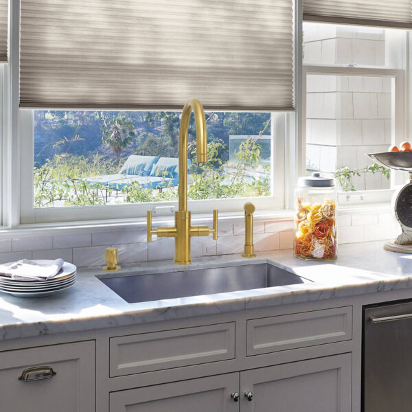 Two-Handle Brushed Gold Widespread Kitchen Faucet with Side Sprayer-IK96766-BTG - Image 2
