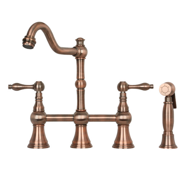 Two-Handles Antique Copper Bridge Kitchen Faucet with Side Sprayer - IK96718-AC