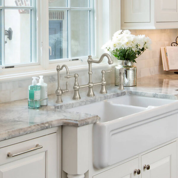 Two-Handles Brushed Nickel Bridge Kitchen Faucet with Side Sprayer - IK96718-BN - Image 2