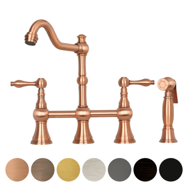 Two-Handles Copper Bridge Kitchen Faucet with Side Sprayer - IK96718C