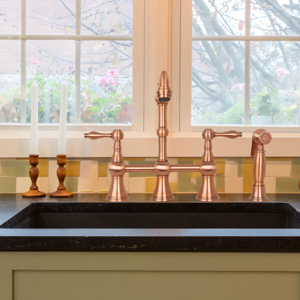Two-Handles Copper Bridge Kitchen Faucet with Side Sprayer - IK96718C - Image 2
