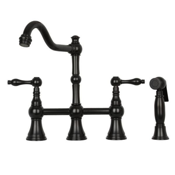 Two-Handles Matte Black Bridge Kitchen Faucet with Side Sprayer - IK96718-MB
