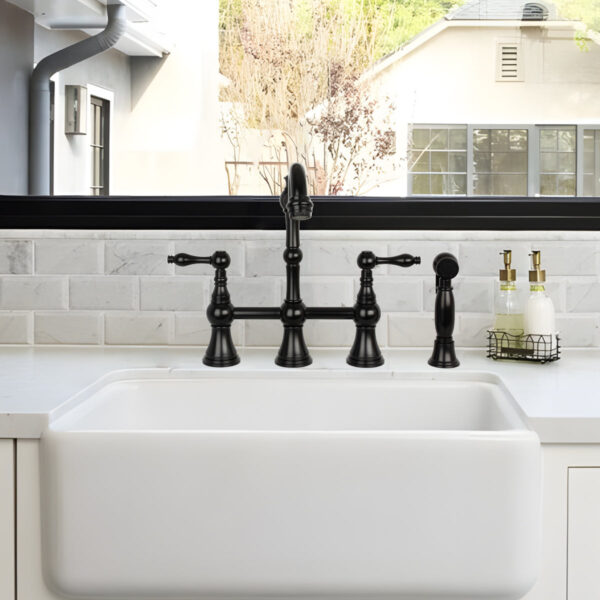 Two-Handles Matte Black Bridge Kitchen Faucet with Side Sprayer - IK96718-MB - Image 2