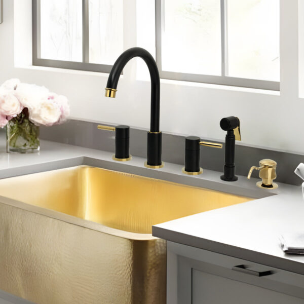 Two-Handles Matte Black & Gold Widespread Kitchen Faucet with Side Sprayer - IK96866-BLZG - Image 2