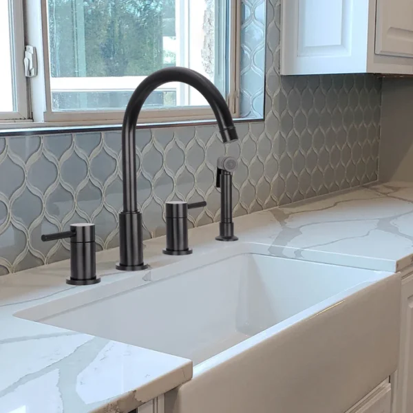 Two-Handles Matte Black Widespread Kitchen Faucet with Side Sprayer - IK96866 -MB - Image 2