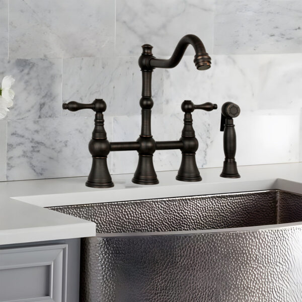 Two-Handles Oil Rubbed Bronze Bridge Kitchen Faucet with Side Sprayer - IK96718-ORB - Image 2