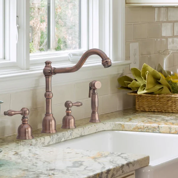 Two-Handles Copper Widespread Kitchen Faucet with Side Sprayer - IK96818 - Image 2